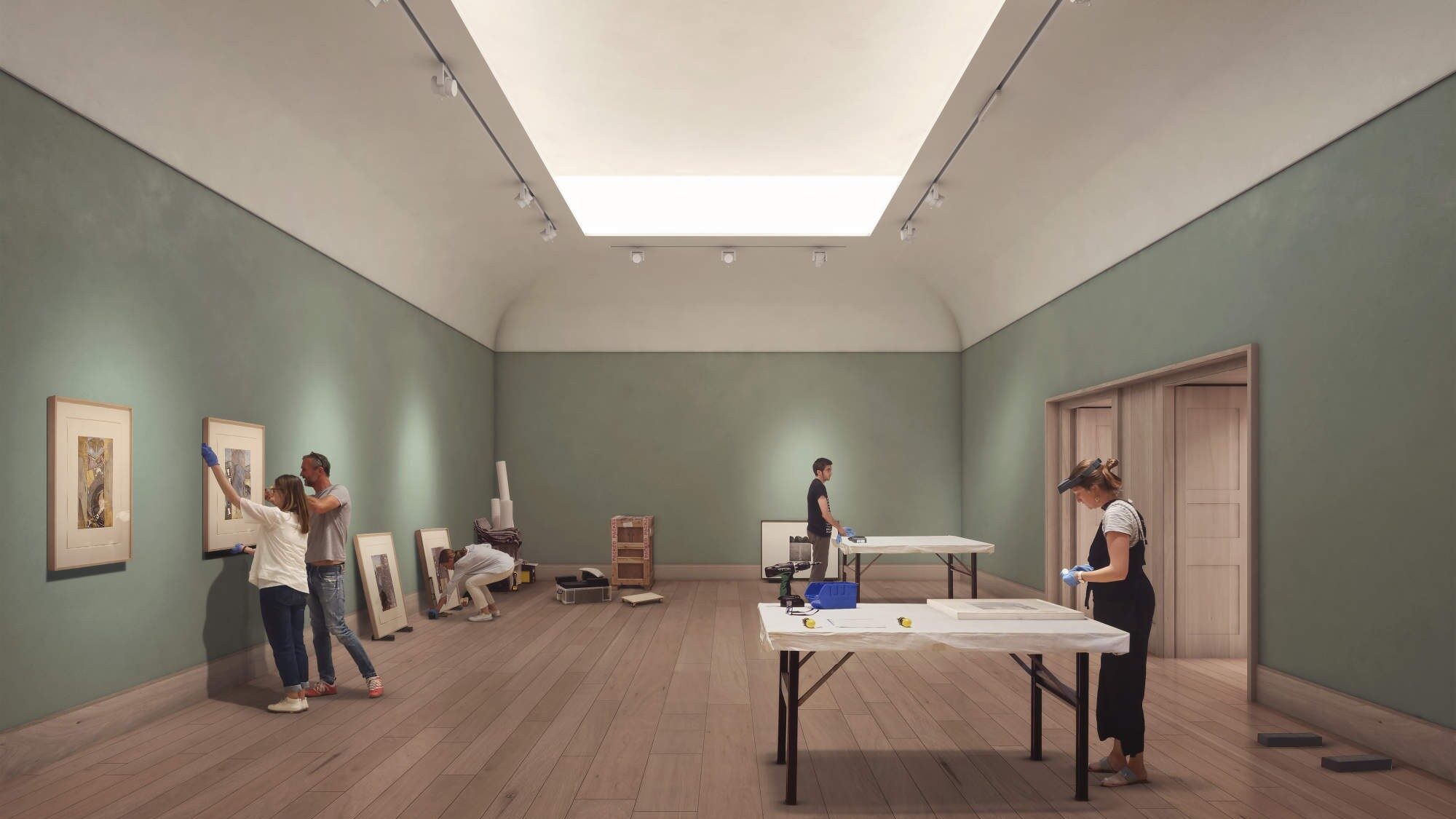 A rendered image of a temporary gallery space at The Courtauld. People hang paintings and a table is laid out on the right for inspecting works.