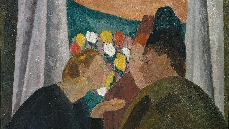 A painting of three women in conversation. The woman on the left leans into the other two in earnest discussion. They sit in front of an open window with a bouquet of flowers visible.