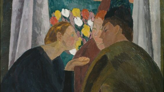 A painting of three women in conversation. The woman on the left leans into the other two in earnest discussion. They sit in front of an open window with a bouquet of flowers visible.