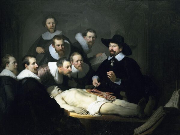 Rembrandt, The Anatomy Lesson of Dr Nicholaes Tulp, 1632 Oil on canvas, 85.2 in × 66.7 in (216.5 cm × 169.5 cm), Mauritshuis, The Hague