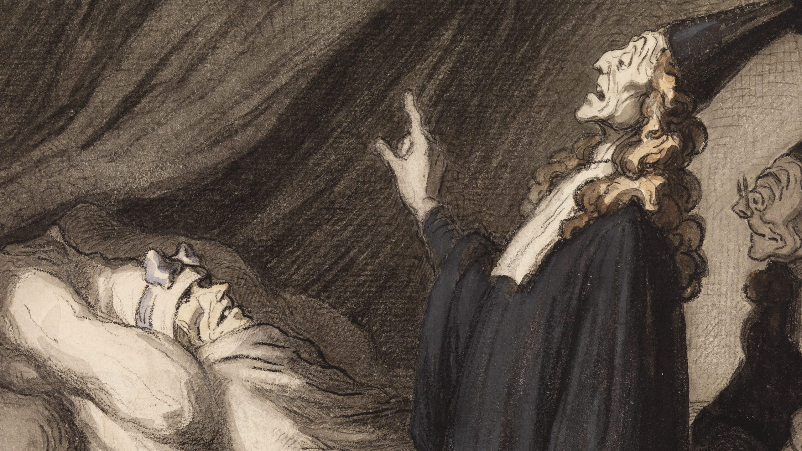 A man lies in bed wrapped up tightly in white sheets, looking afraid, whilst a man stands over him lecturing him, holding a book and wearing all black with a black cap. An assistant stands behind this doctor, holding an overly large clyster.