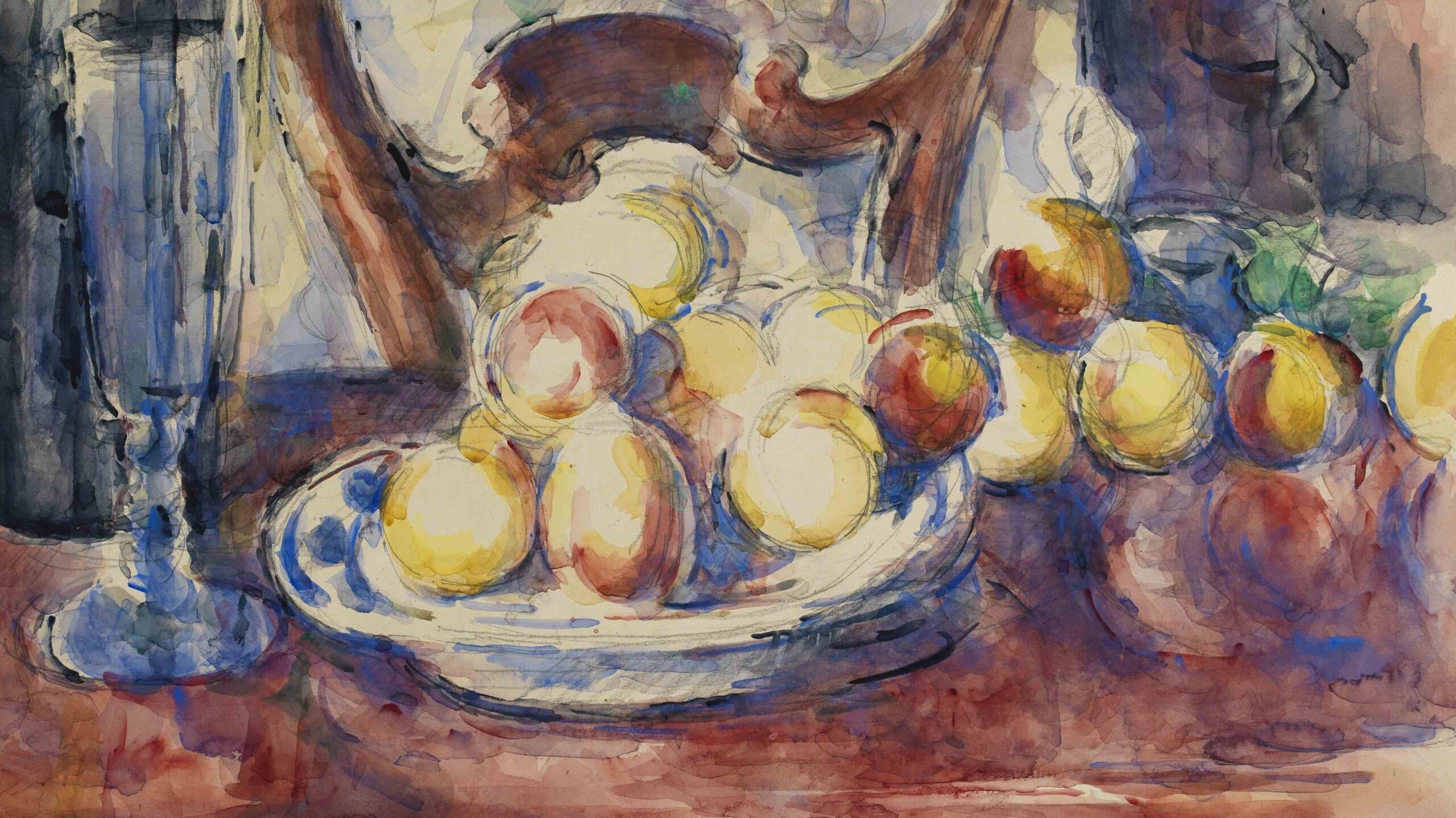 A watercolour of a dining table with a plate of apples, a tall bottle, and a chair back visible behind. The table is deep mahogany red and the apples yellow and red. The lines and brushstrokes are loose and loop across the page, with untouched paper visible in multiple places.