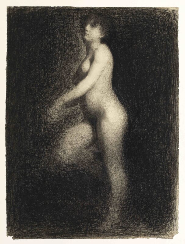 A drawing of a nude woman, seemingly kneeling on a chair, although the chair is not visible. The background is completely dark with the figure contrasting in light colours. Both legs and arms fade into the edges of the paper, and there are no harsh lines.