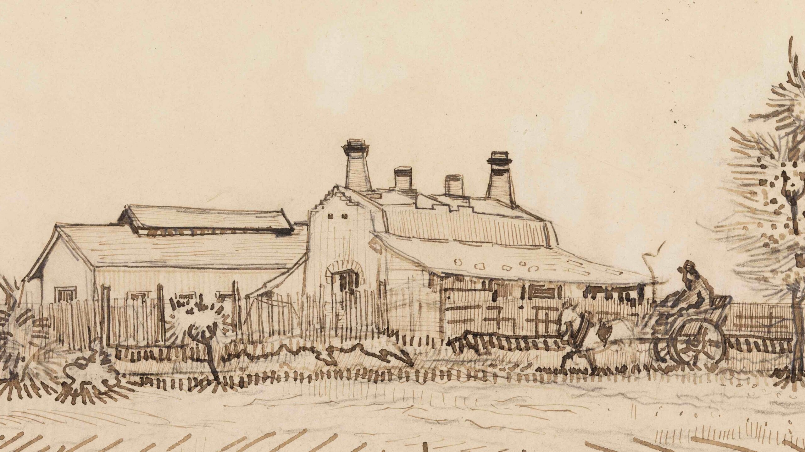 A brown ink drawing on light brown paper. A factory sits across the middle third, fenced off, with a field visible in the foreground, illustrated with simple flecks, lines and dots. A tree is visible on the right, taller than the factory, and a man sits atop a horse-drawn carriage next to the tree.