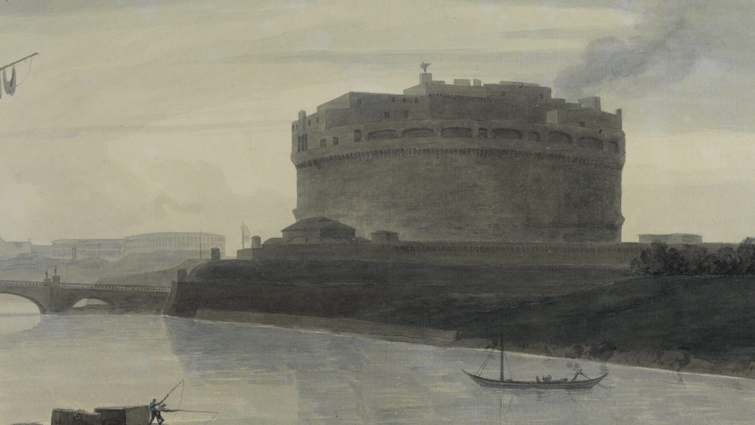 A watercolour drawing of the Castel Sant Angelo in Rome. The scene is simple, shown from the other side of the river, with a single boat in the water and two small fishermen visible in the foreground. The palette is sombre, with hazy dark colours and blues.