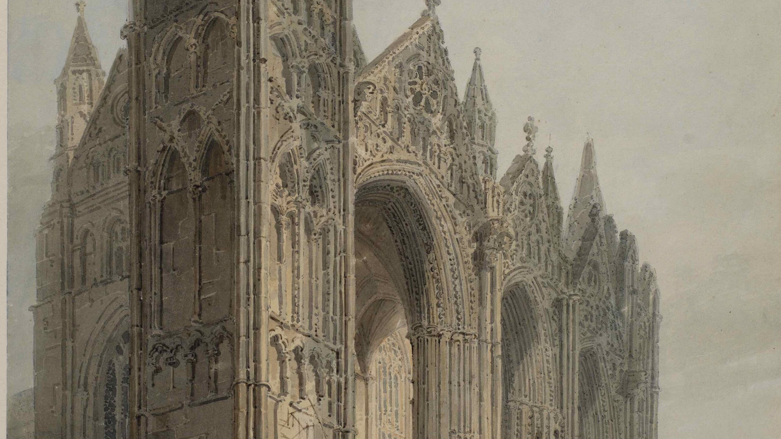 A watercolour drawing of Peterborough Cathedral, showing the intricate decorative details, and a close, off-centre viewpoint from the west. A man is seen sitting on one of the column bases, and a group of three or four people are standing talking nearby.