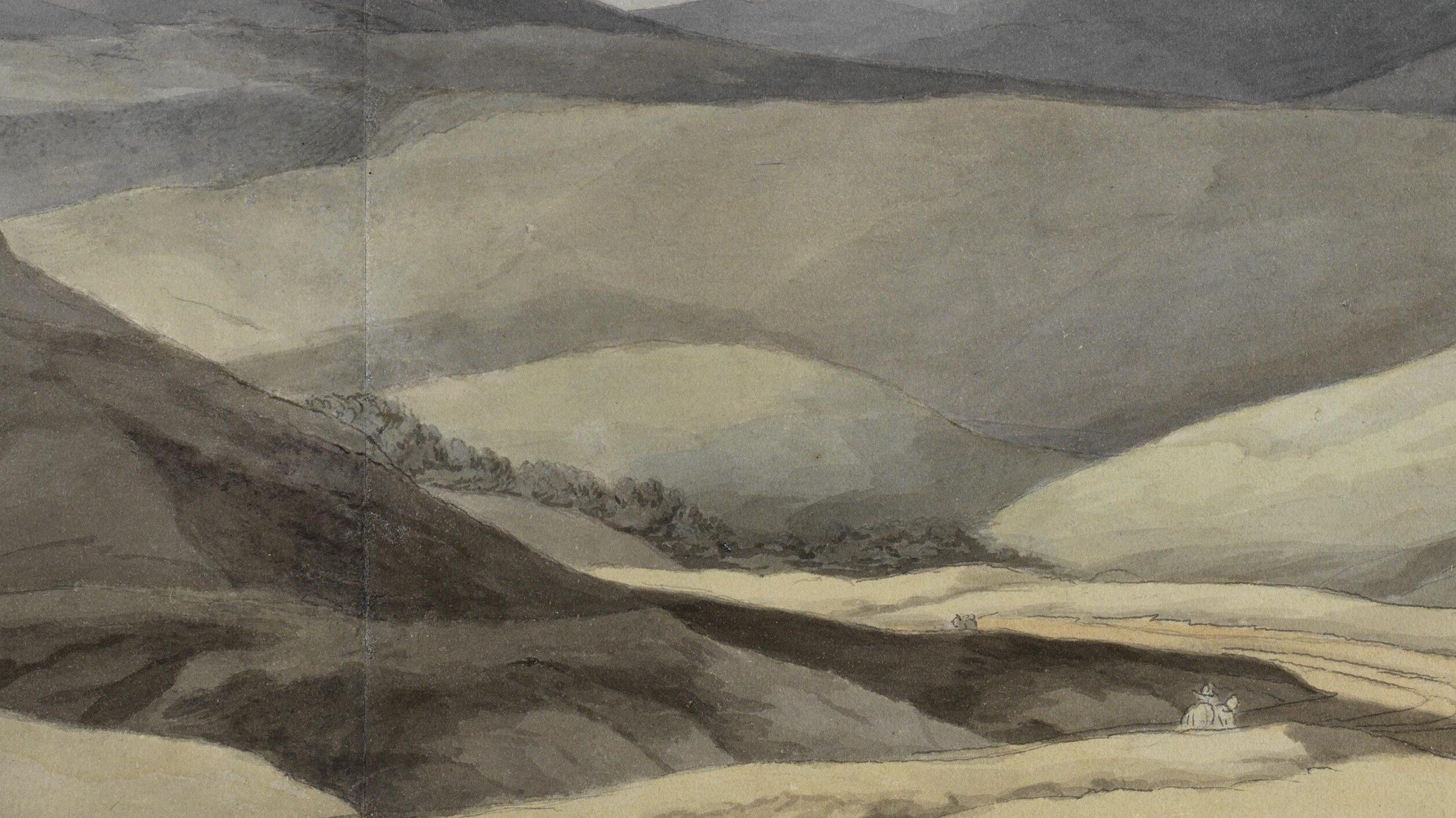 A watercolour drawing on a two-page spread, with the crease visible in the centre. Rolling mountains take up the entire scene, with a dark cloudy sky in the background and a small figure visible on the path. The whole scene is in hues of deep blues, greys and browns.