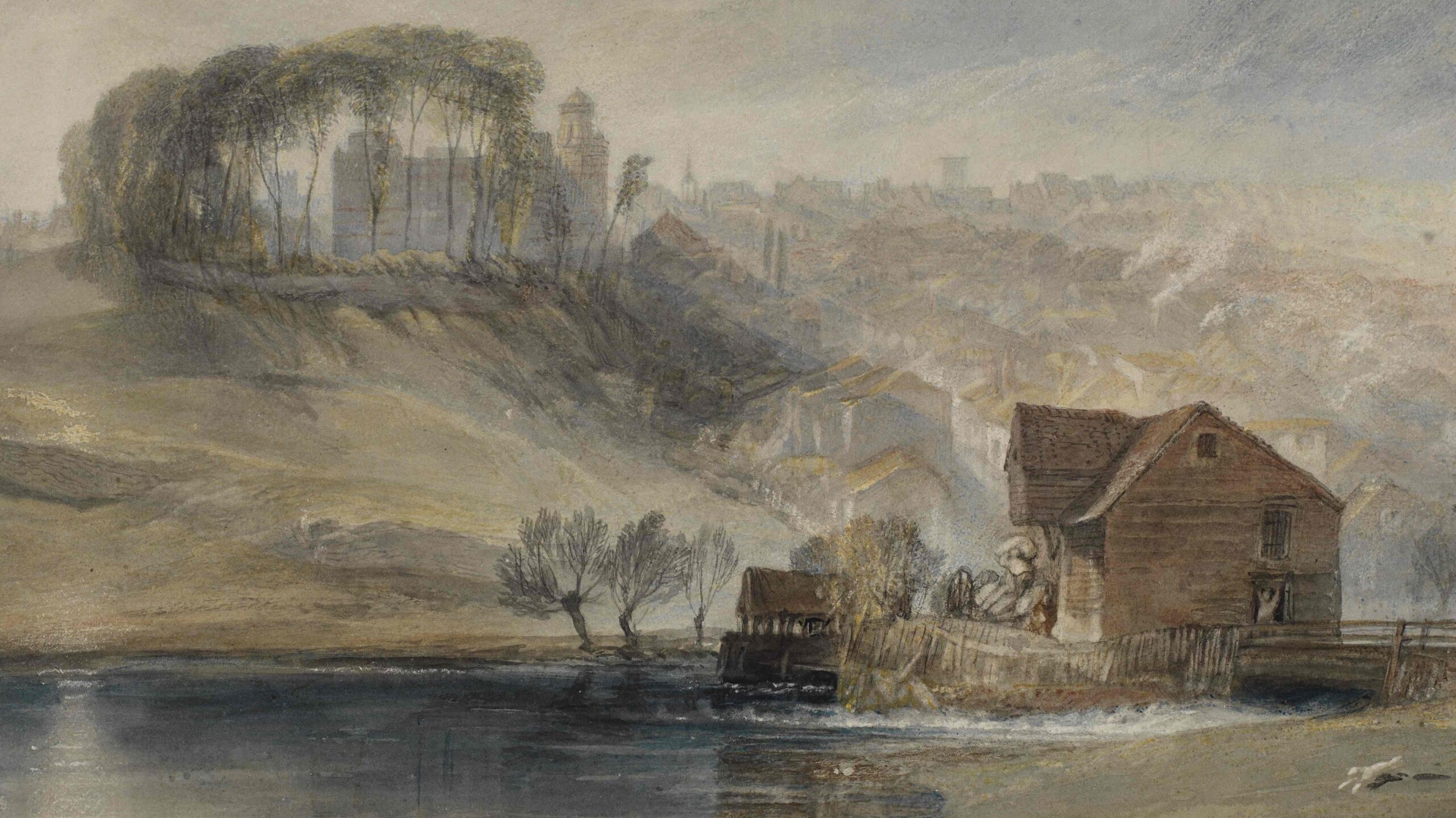 A watercolour drawing of a barn on the edge of a lake, with the city of Colchester seen in the background. The lake is still and reflects the trees and buildings above. A horse is seen standing in and drinking from the lake, and on the horse's back a man waves to two small figures chasing a dog towards the water's edge.
