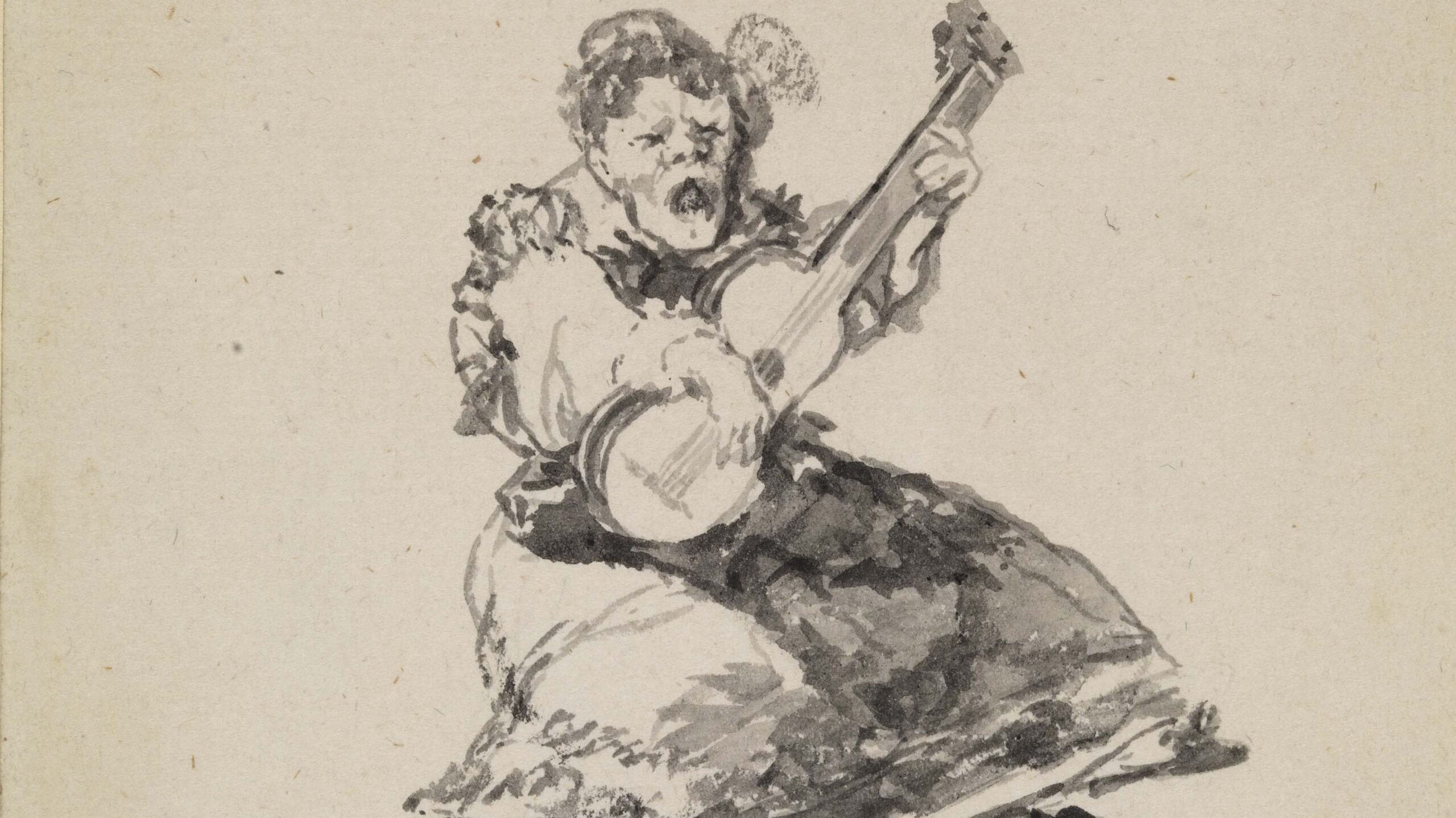 A drawing of an old woman dressed in a long, full dress, playing the guitar. She is levitated above another woman who sits on the floor, with a bowl in front of her. The inscription 'cantor y bailer' is seen beneath the drawings.