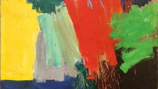 Abstract painting with blue, yellow, red and green