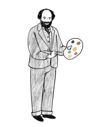 A drawing of Paul Cezanne in a grey suit, holding an artist's palette and paintbrush