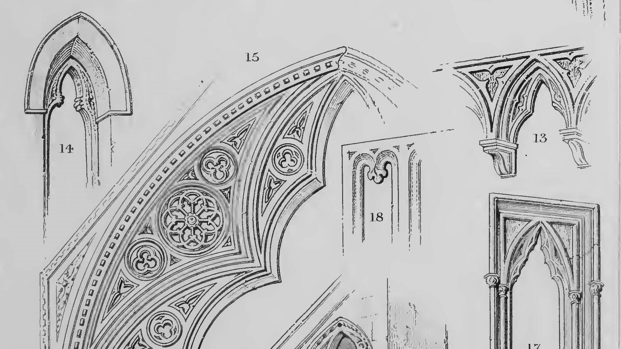After Robert Willis, To Explain the Probable History of Tracery and the System of its Mouldings. Engraving, reproduced in Robert Willis, Remarks on Architecture of the Middle Ages, Especially of Italy
