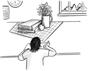 An illustration of a person drawing a still life scene of plants and books in front of them, sat at a table.