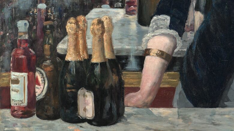 Painting of a woman bartender looking straight ahead