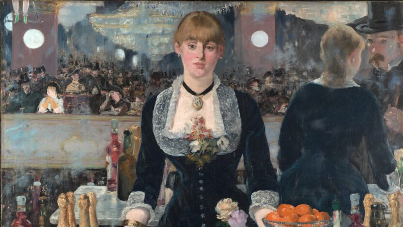 Painting of a woman bartender looking straight ahead