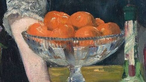 A cropped section of the painting A Bar at the Folies-Bergère, 1882, featuring a glass vase full of oranges., this is placed on the bar.