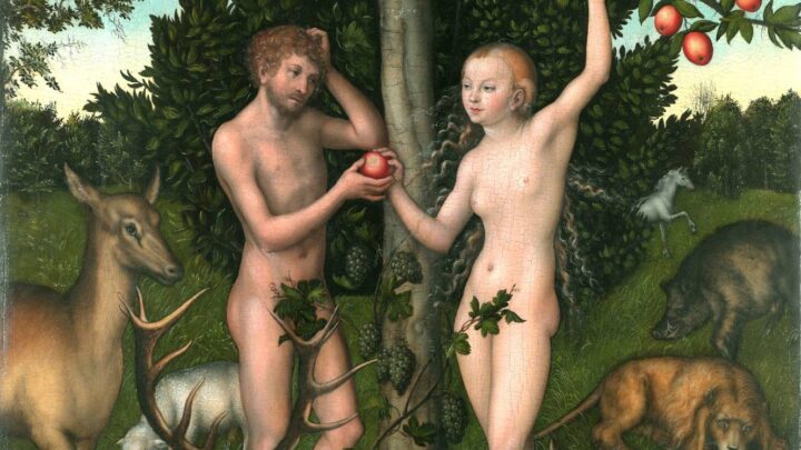 Adam and Eve are depicted at the fateful moment when they disobey God and commit the first sin.
