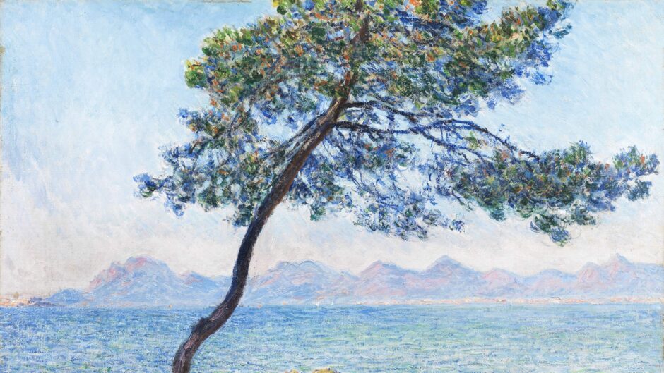 A painting of a bright sea scene, with blue skies and water. A mountainous skyline is in the background and a single tree, leaning towards the water from the foreground, has green leaves.