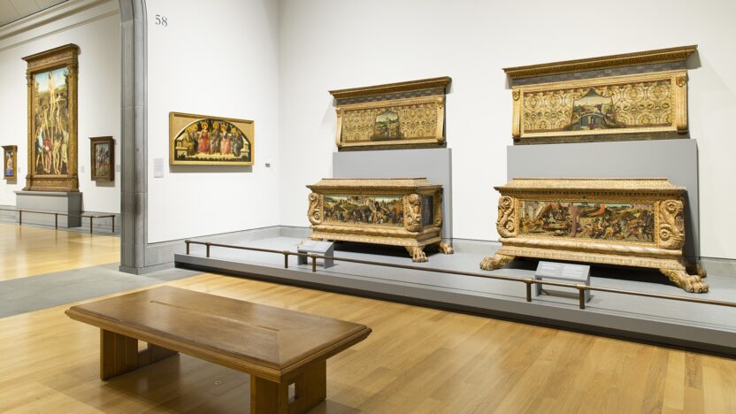 An image showing highlights from The Courtauld Gallery such as the Morelli Nerli wedding chests on display in Gallery 58 at The National Gallery. in London