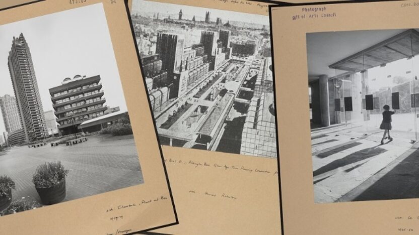 Black and white architecture images from the conway library are displayed on brown mounts with handwritten captions