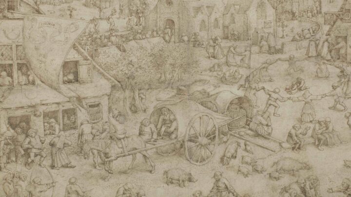 A detailed, busy drawing of peasant life. Scenes of drinking and dancing, with figures relieving themselves, and an archery contest in the bottom right. In the upper left, the state of a saint is carried at the head of a religious procession.