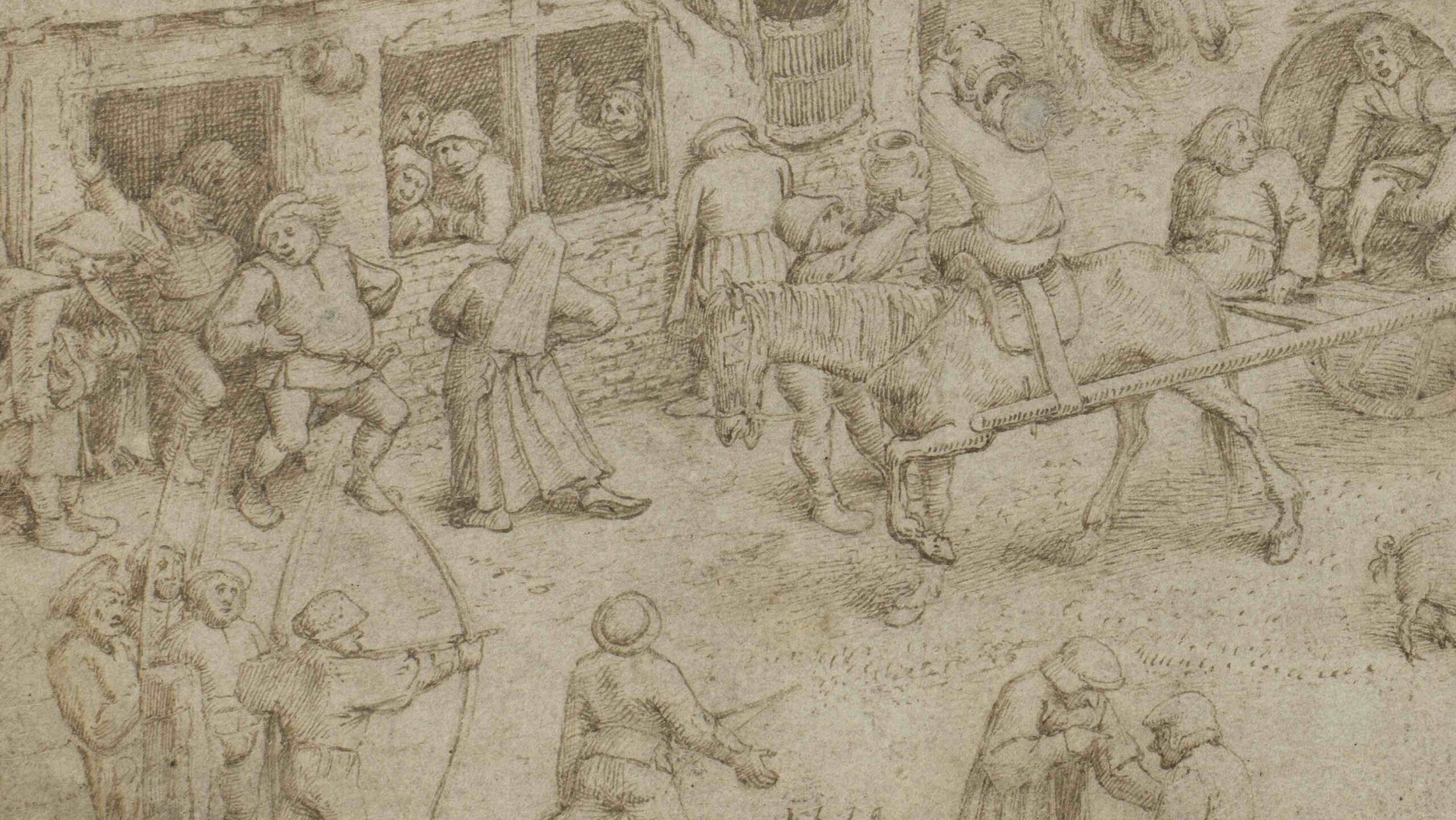 A detailed, busy drawing of peasant life. Scenes of drinking and dancing, with figures relieving themselves, and an archery contest in the bottom right. In the upper left, the state of a saint is carried at the head of a religious procession.