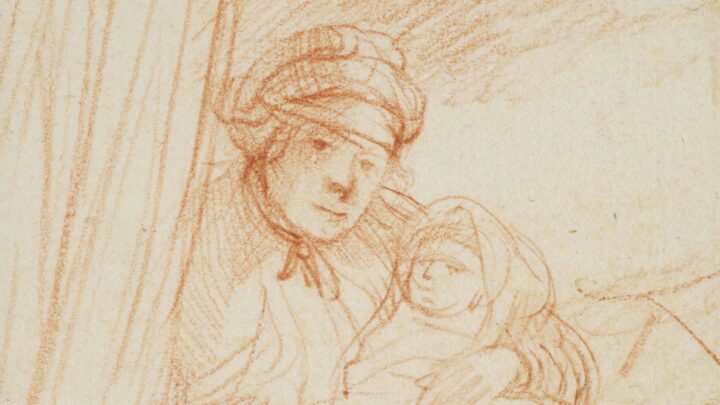 A drawing of a woman sitting up in bed behind a pullback curtain, cradling her tightly swaddled child. She gazes directly out to the viewer.