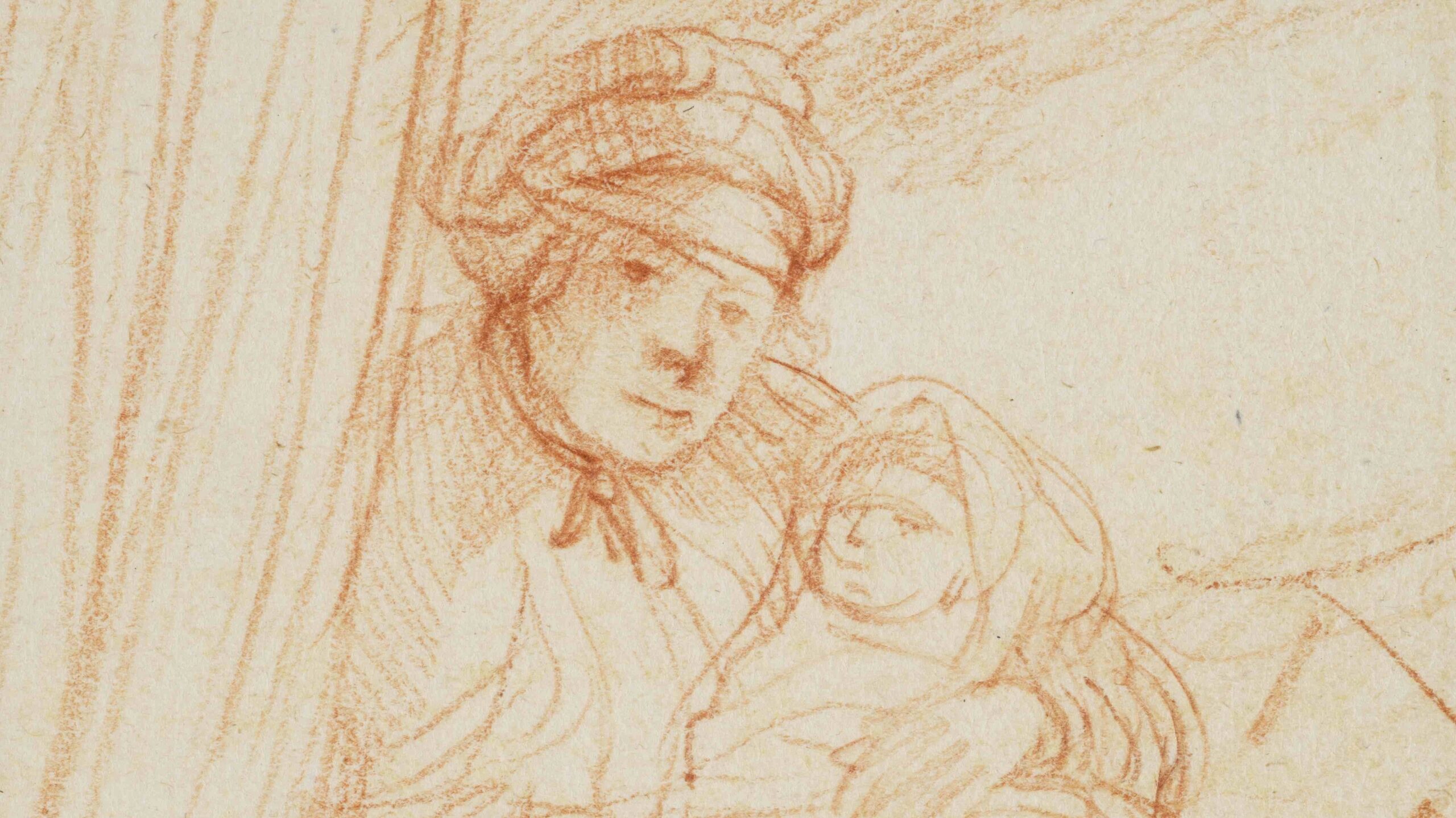 A drawing of a woman sitting up in bed behind a pullback curtain, cradling her tightly swaddled child. She gazes directly out to the viewer.