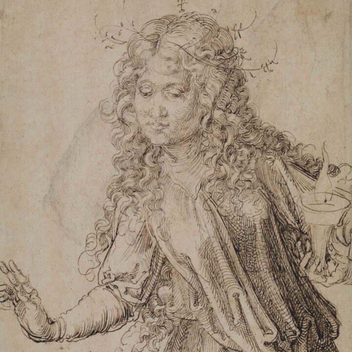 A detailed drawing of a woman holding a burning oil lamp in her left hand. She is wearing a loose dress gathered at the waist, and has long curly hair.