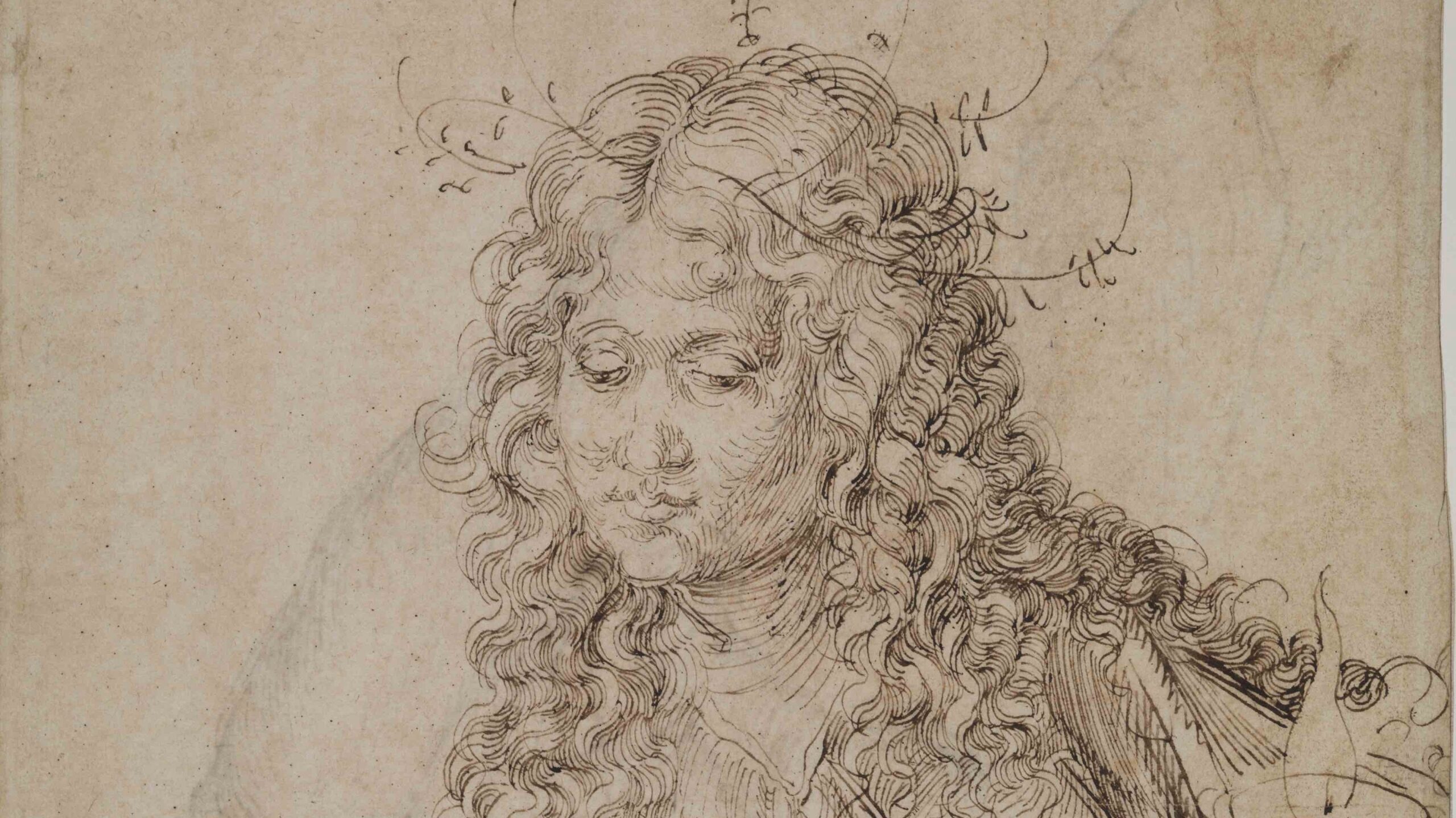 A detailed drawing of a woman holding a burning oil lamp in her left hand. She is wearing a loose dress gathered at the waist, and has long curly hair.
