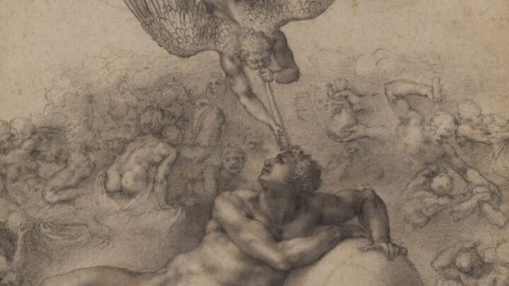 A highly finished drawing showing a winged spirit swooping down, trumpeting a message to a muscular nude youth leaning on a globe. Both are perched on a box containing a pile of masks, and groups of writing bodies blend into the background.