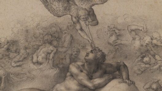 A highly finished drawing showing a winged spirit swooping down, trumpeting a message to a muscular nude youth leaning on a globe. Both are perched on a box containing a pile of masks, and groups of writing bodies blend into the background.