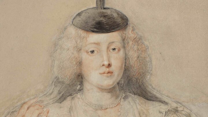 A drawing of a richly dressed woman holding a prayer, also wearing a pompom-topped cap with a veil.