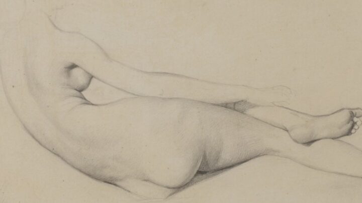 A sketch of a nude female form, with her back to the viewer in a relaxed reclining pose. The sketch stops at her neck and the right hand, leaning on her hips, is not finished.