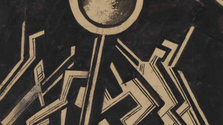 A bold drawing in thick black graphite and ink, on a slightly aged paper. At the bottom, linear forms slightly resemble human forms, and they surround a circular post-like form in the centre of the sheet. On the top half, building-like forms sit atop the black background, with sharp lines of black and white dotting the background.