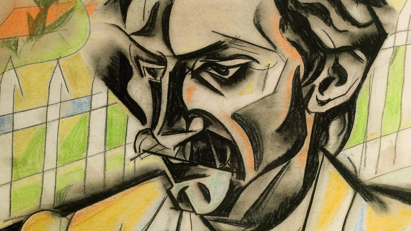 painting of a man in yellow and blue jacket