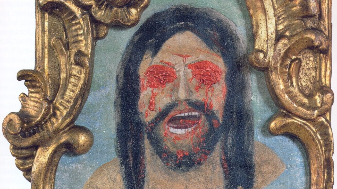 oil painting of Oedipus' head with bleeding eyes