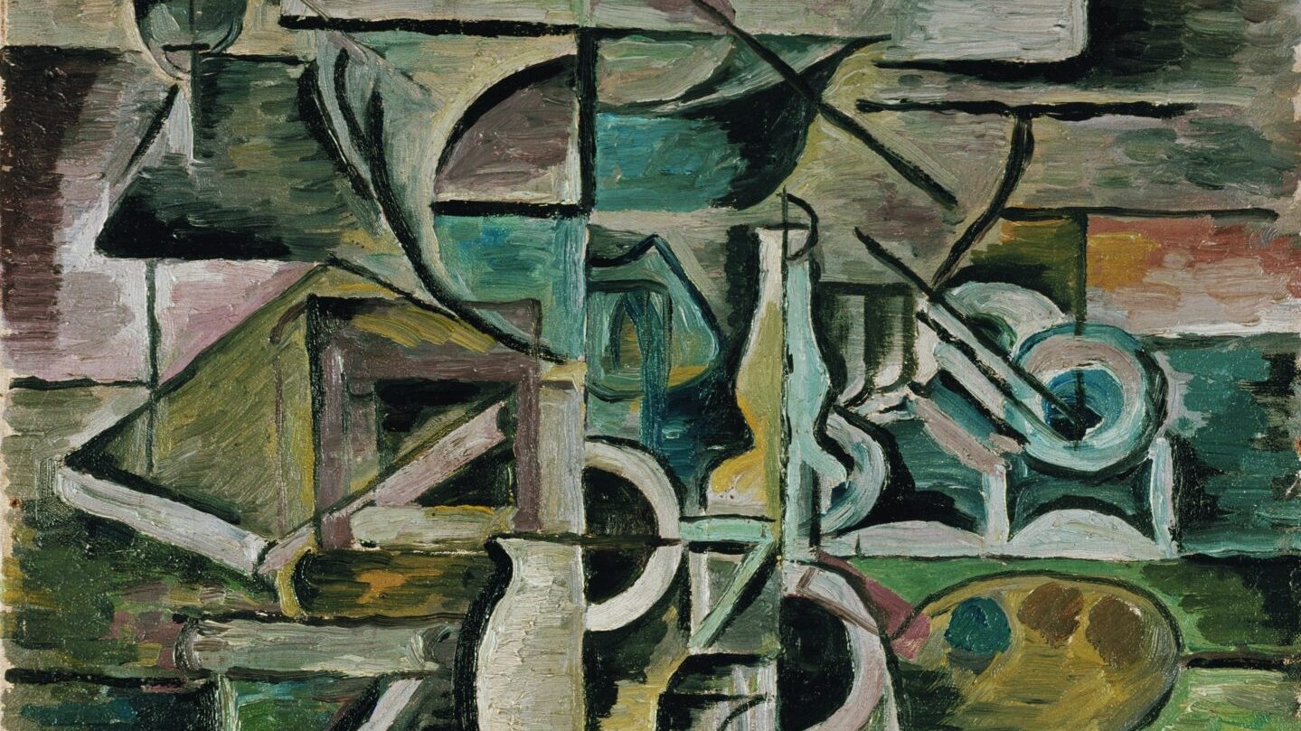 cubist style painting with multiple objects in green