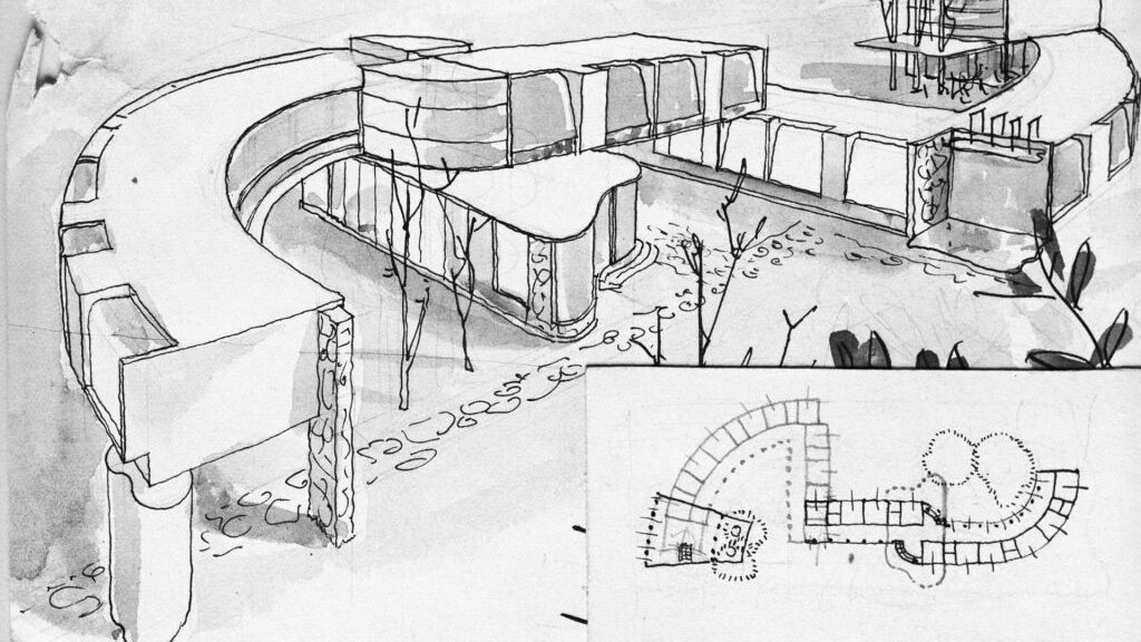 drawing of a building with curved exterior