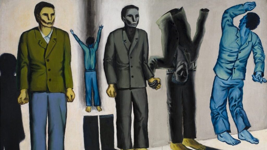 painting of men in suits some are upside down