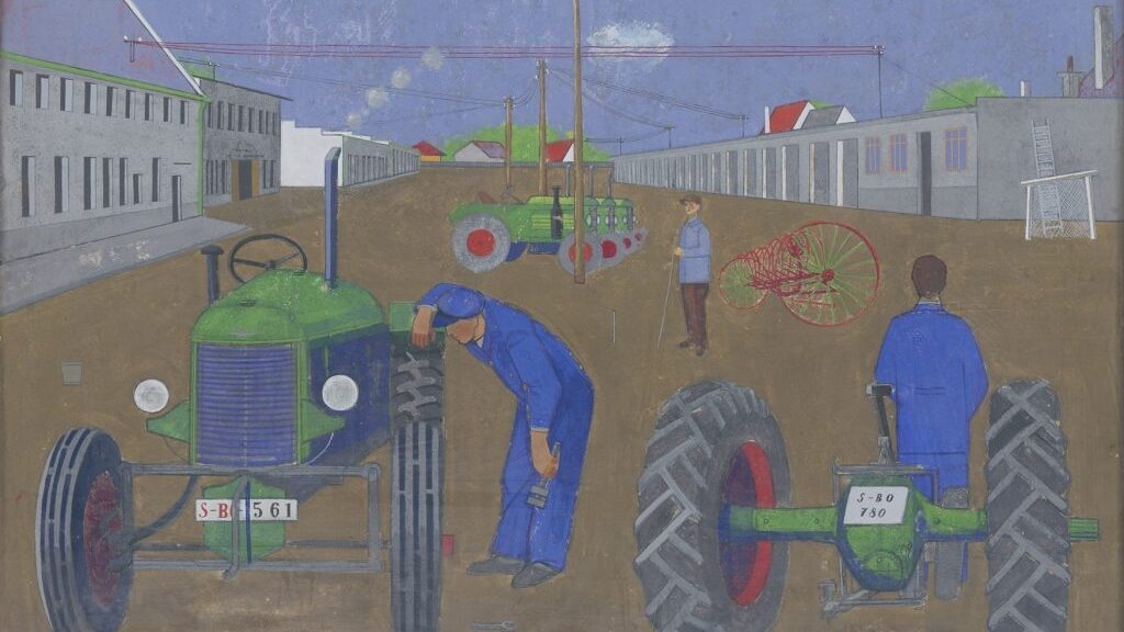 a painting of tractors and men in blue overalls
