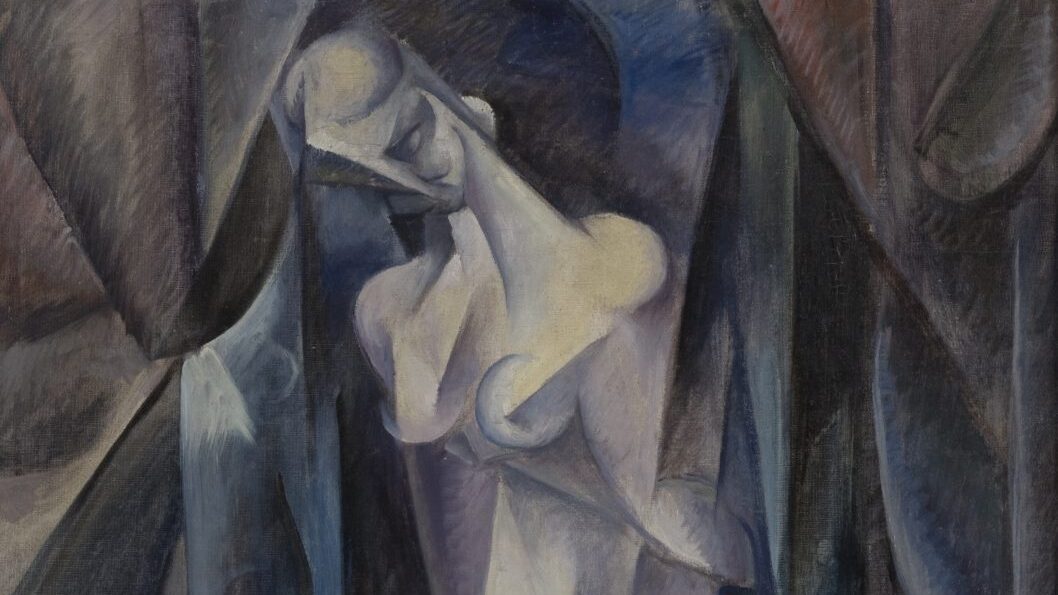 nude figure in grey and blue tones in a cubist style that blends background with foreground