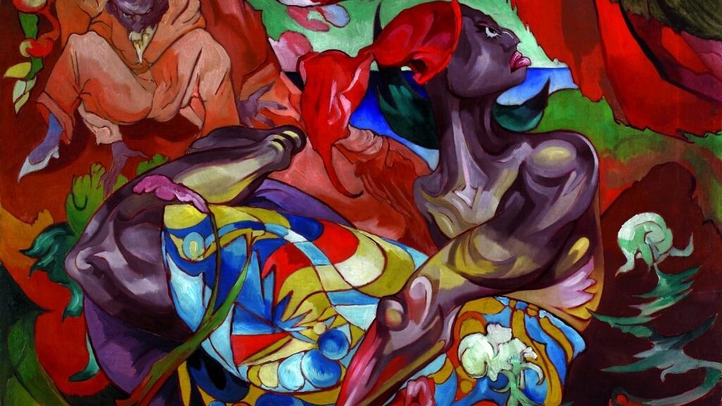 cubist style painting of a black woman wearing a colourful dress