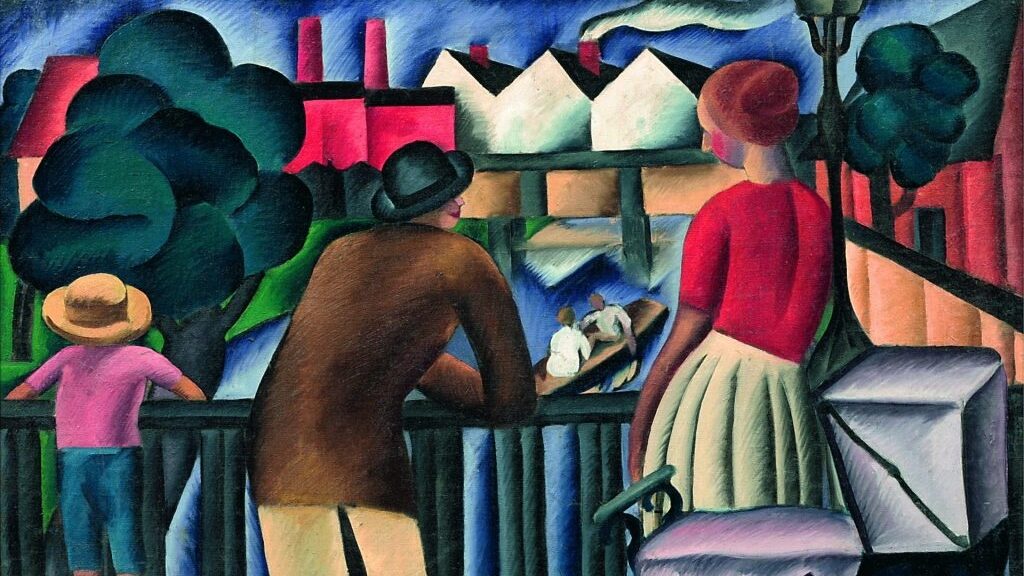 colourful painting of man woman and child peering over a bridge, there is a pram and a dog in the foreground and over the bridge is a town with mills