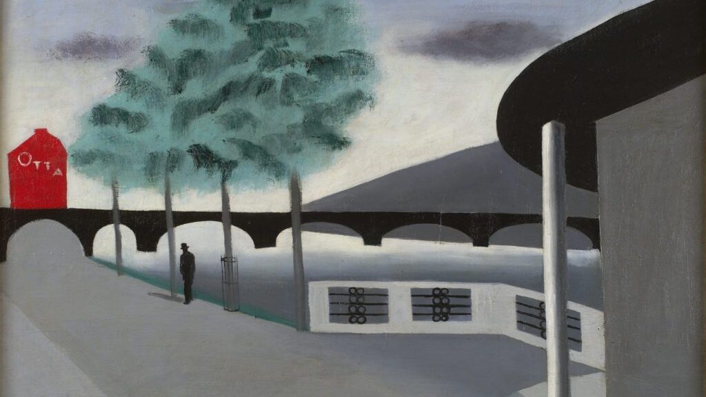 painting of a building which is grey, trees line a path behind the building and a silhouette of a man is walking away into the distance towards a black bridge