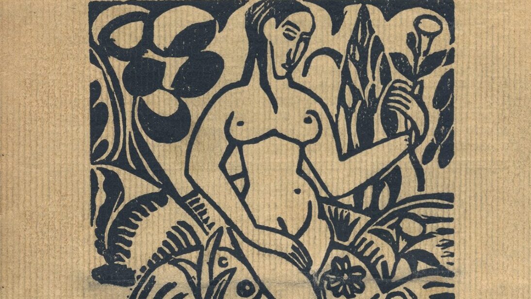 print of figure surrounded by flowers and plants