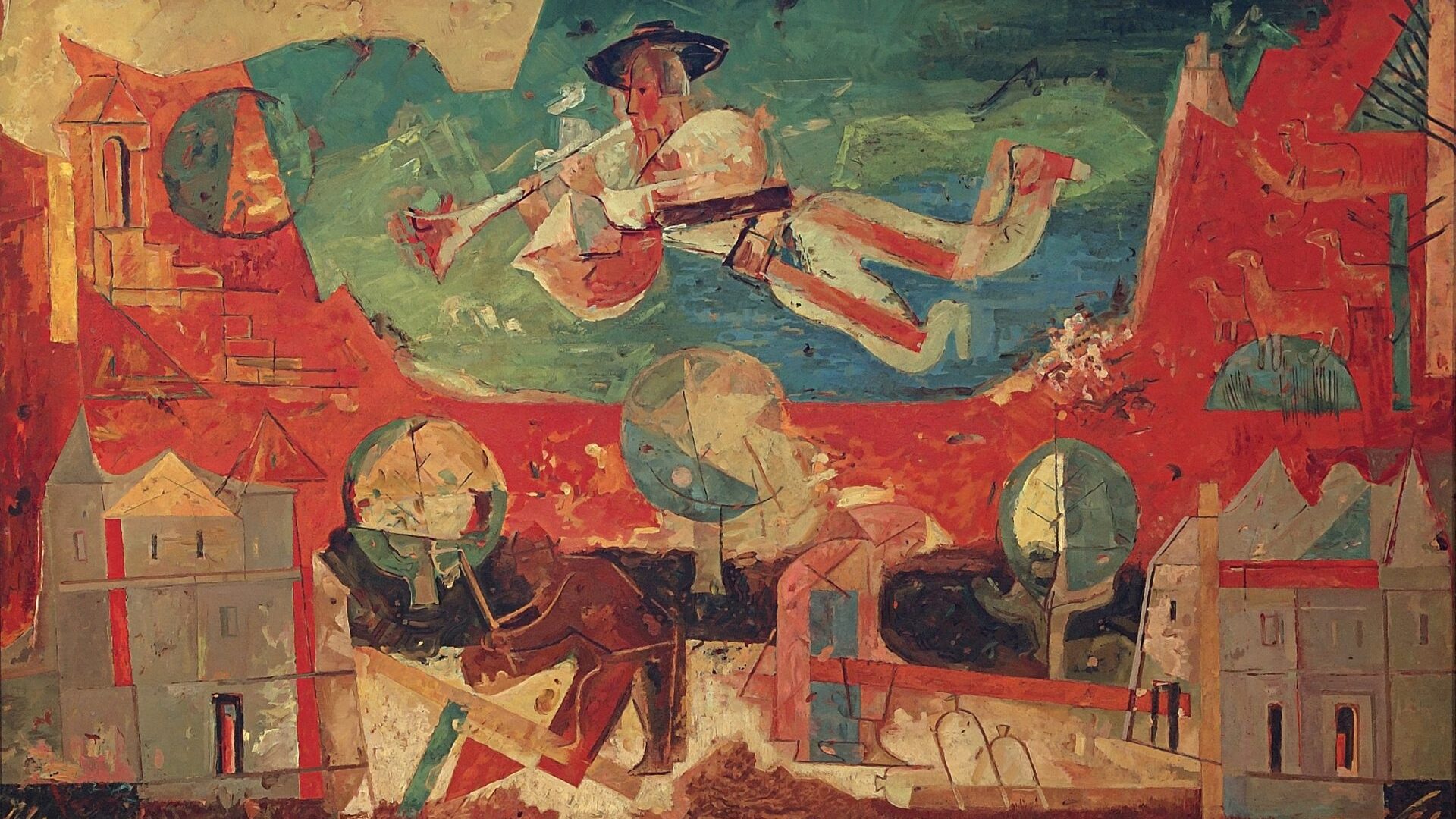 painting of animals and a pan in the sky above a town, very colourful and energetic