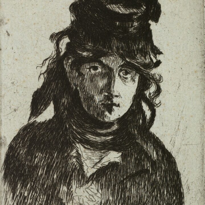 A black and white etching of the artist Berthe Morisot wearing a black hat and coat