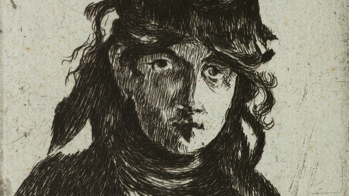 A black and white etching of the artist Berthe Morisot wearing a black hat and coat