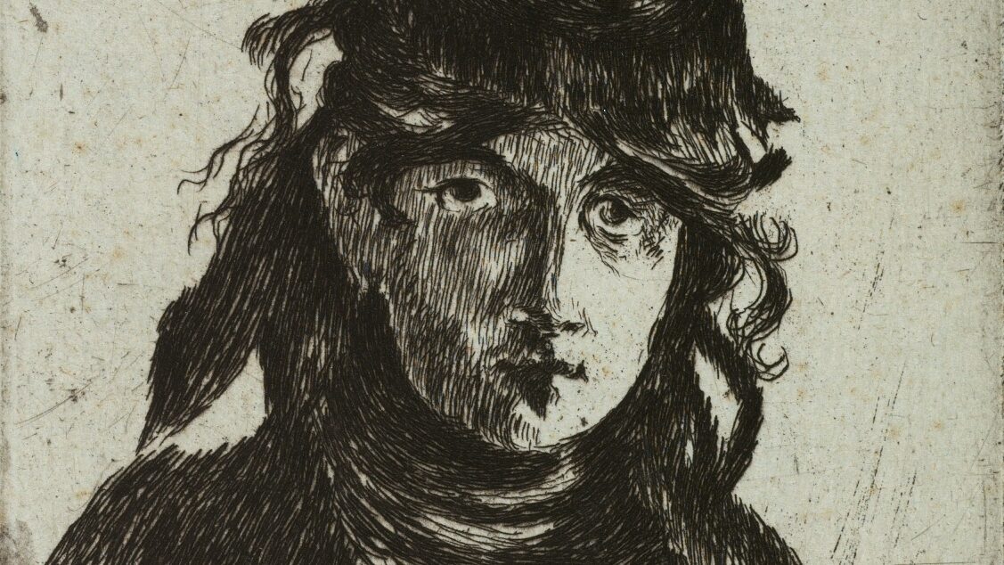 A black and white etching of the artist Berthe Morisot wearing a black hat and coat
